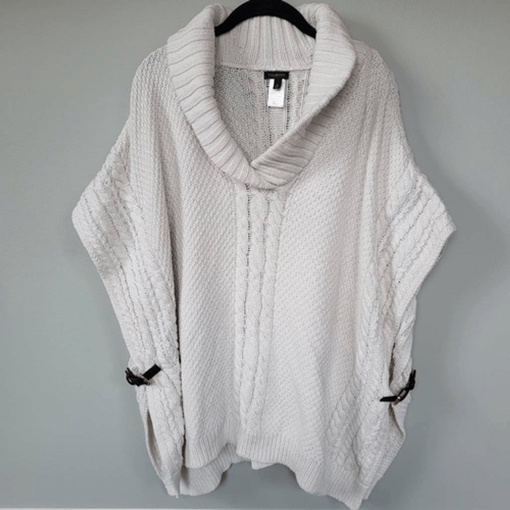 Talbots Womens Cable Knit Poncho Sweater Medium White Equestrian Old Money Cozy